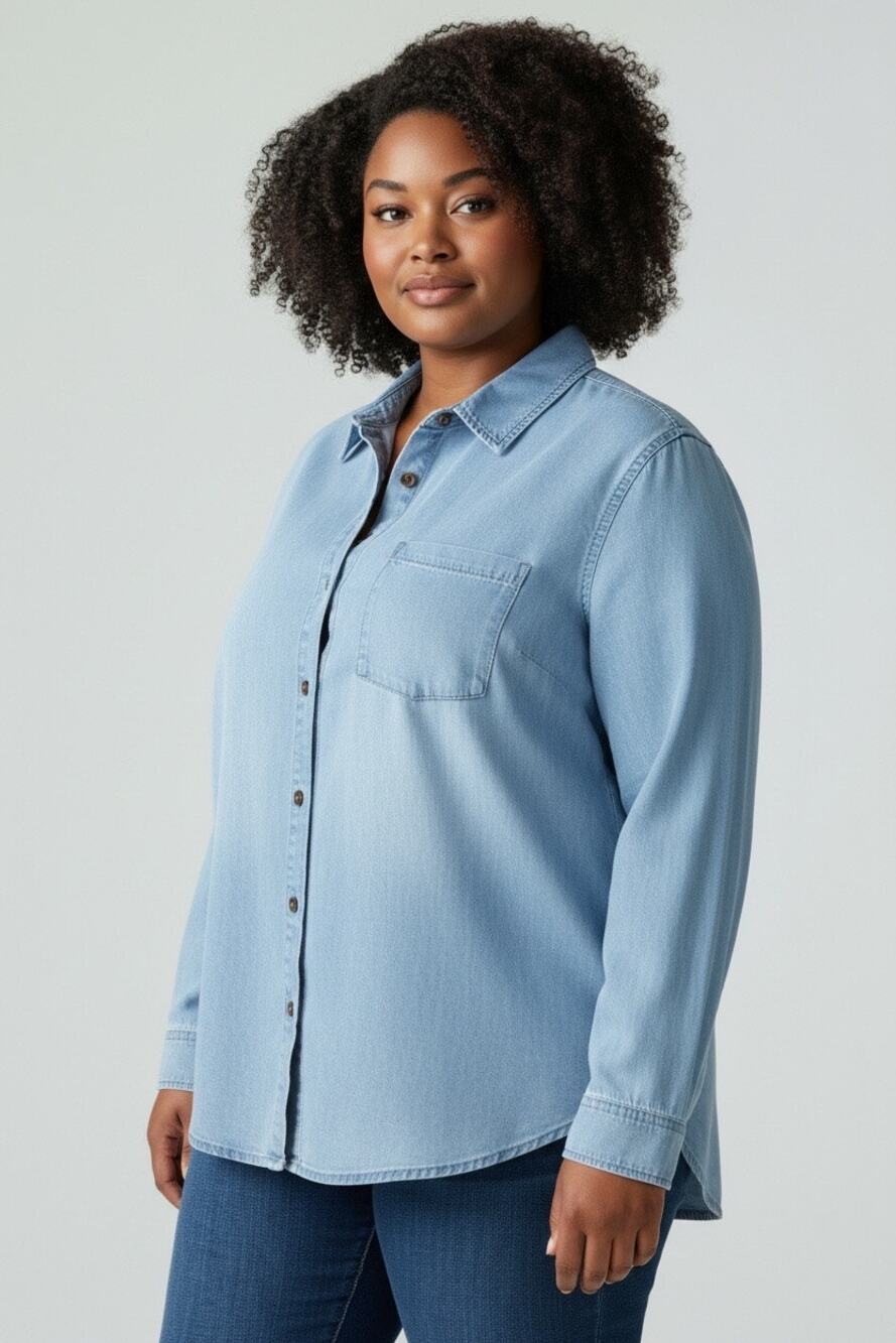 Coldwater Creek Light Wash Tencel Lyocell Button Front Big Shirt Style 19963